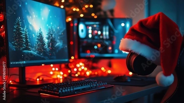 Fototapeta Santa hat at the gamer's computer, Christmas promotion on gaming items