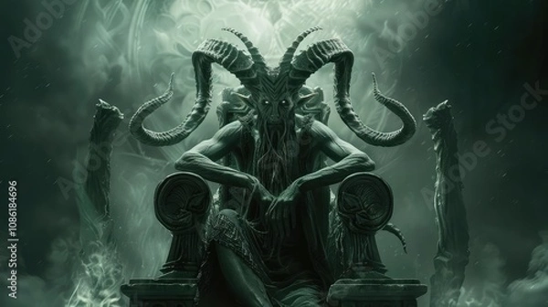 Fototapeta Devil with horns on a throne on the background of smoke.