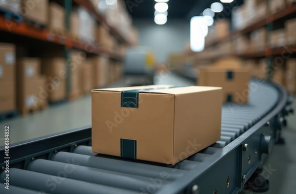 Fototapeta Efficient package delivery process in modern warehouse with conveyor belt system