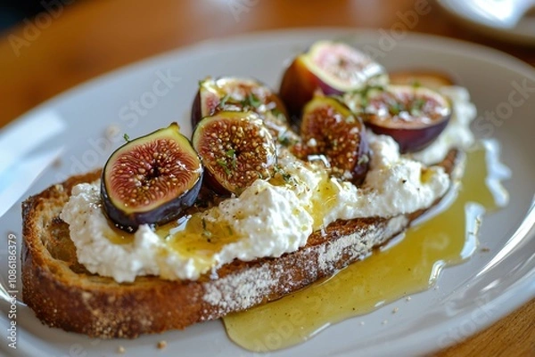 Fototapeta Delicious Toast with Fresh Figs, Ricotta, and Honey Drizzle
