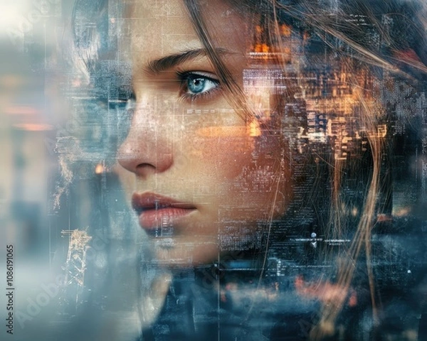 Obraz Young woman with digital facial recognition overlay.  image