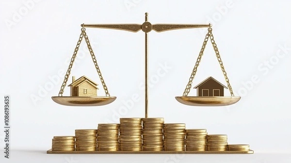 Fototapeta A balance scale weighing two houses against stacks of coins, symbolizing real estate value.