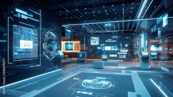 Fototapeta 50. A futuristic customer experience center with holographic product demos, virtual sales assistants, and floating customer interaction points