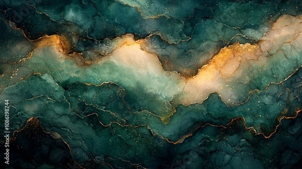 Fototapeta Abstract fluid art with teal and gold hues, creating a serene and luxurious atmosphere.