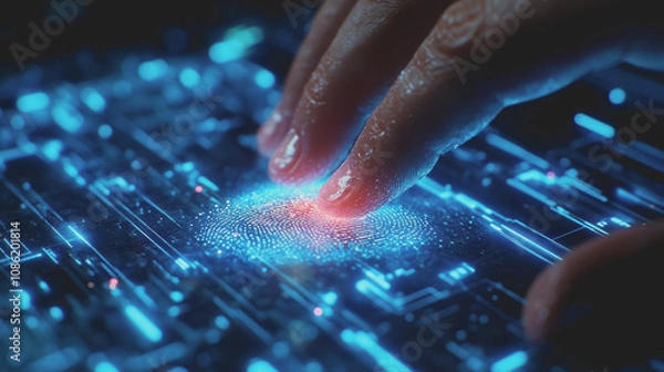 Fototapeta Futuristic Fingerprint Scanning Technology: Close-Up of a Finger on a Digital Interface with Neon Effect and Data Visualization Elements