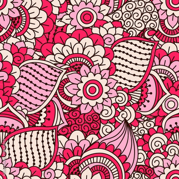 Fototapeta Hand drawn seamless pattern with floral elements. Colorful ethnic background. Pattern can be used for fabric, wallpaper or wrapping