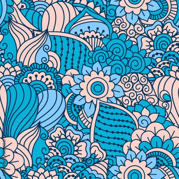 Fototapeta Hand drawn seamless pattern with floral elements. Colorful ethnic background. Pattern can be used for fabric, wallpaper or wrapping