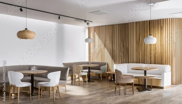 Obraz White and wooden cafe corner with sofas