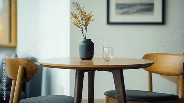 Fototapeta A cozy dining setup featuring a wooden table, chairs, and a decorative vase.