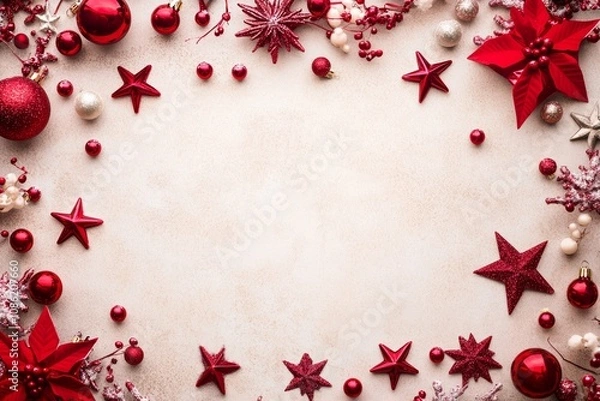 Fototapeta Festive Christmas decorations artfully arranged in a circular pattern on a soft beige backdrop, radiating warmth and holiday cheer.