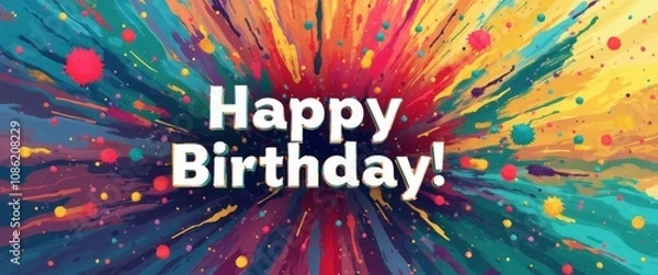Fototapeta A dazzling burst of colors radiates from the center, where bold white letters proclaim "Happy Birthday!" The vibrant splashes of red, yellow, blue, and green create a festive atmosphere, evoking