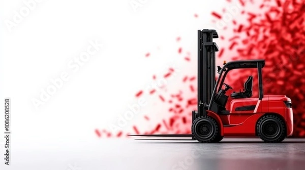 Fototapeta A red forklift stands against a minimalist background, with an explosion of red particles, emphasizing industrial strength and vibrant color contrast.
