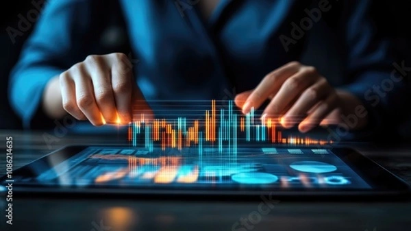 Fototapeta Woman analyzing financial data on tablet with digital graphs