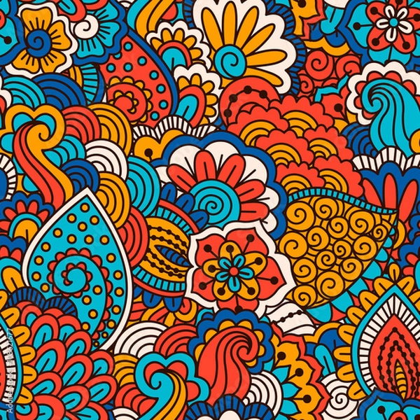 Fototapeta Hand drawn seamless pattern with floral elements. Colorful ethnic background. Pattern can be used for fabric, wallpaper or wrapping