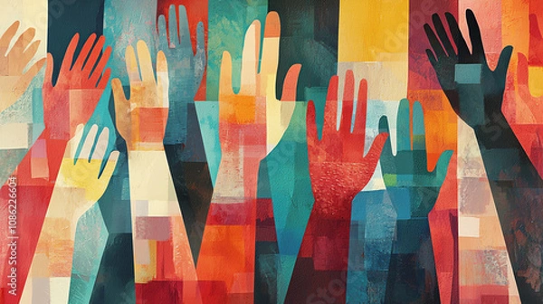 Fototapeta Abstract representation of diverse hands raised in unity, symbolizing support and community engagement in a vibrant, colorful setting