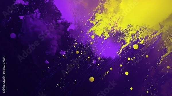 Obraz Radiant Neon Gradient Blending of Yellow and Deep Purple with Abstract Paint Splashes and Dots on a Dark Background for Creative Use
