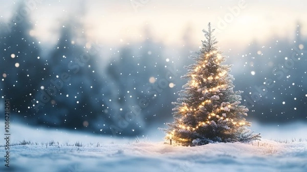 Fototapeta A Single Christmas Tree Illuminated with Lights in a Snowy Forest