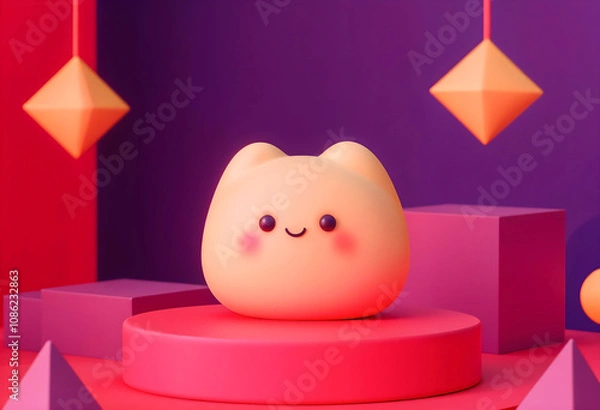 Fototapeta 3d render of a fluffy toy on a colorful podium