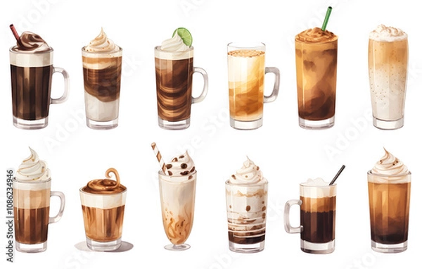 Fototapeta Different colored and different drinks in glasses such as tea, juice, coffee, isolated on white background.