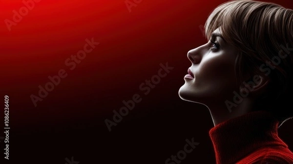 Obraz A profile of a woman against a dramatic red background.
