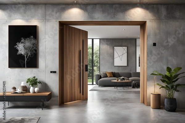 Fototapeta Modern home front door nestled in an interior with neat minimalist design