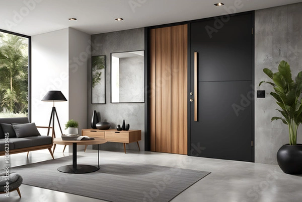 Fototapeta Modern home front door nestled in an interior with neat minimalist design