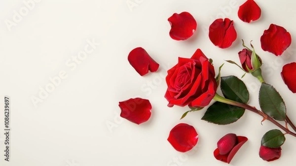 Fototapeta A stunning red rose with vibrant petals rests on a clean white background, perfect for expressing love on Valentines Day.