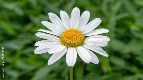 Fototapeta A closeup view of a white daisy blooming brightly against a backdrop of lush green grass.