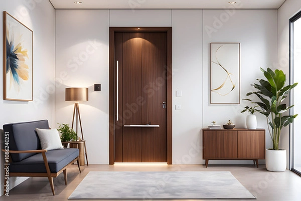 Fototapeta Modern home front door nestled in an interior with neat minimalist design