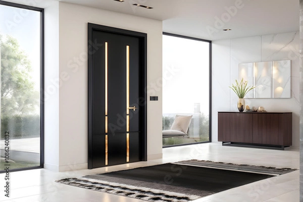 Fototapeta Modern home front door nestled in an interior with neat minimalist design