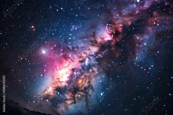 Fototapeta An ethereal image of a nebula with vibrant colors and a starry sky in the background, gas cloud, astronomy, planetary system, cosmic dust, celestial body
