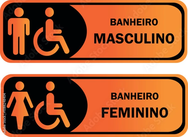 Fototapeta Placas para Banheiro Retangular, Masculino e Feminino. Nas Cores Preta e Laranja Gradiente.