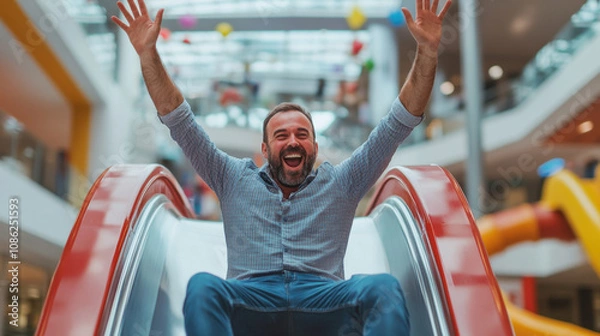Fototapeta joyful man is happily sliding down colorful slide in vibrant indoor play area, expressing pure excitement and fun
