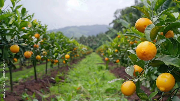 Fototapeta Lush Orange Grove Rows Ripe Citrus Fruits Sunny Orchard Agriculture Farming