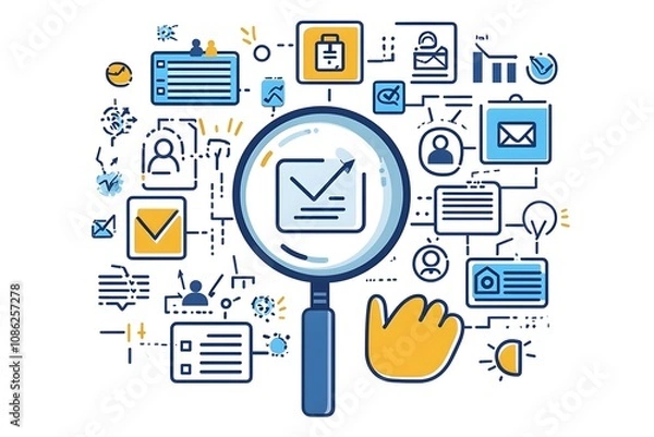 Fototapeta Social media marketing. Set of icons related to internet promotion, audience engagement, social media posts and online advertising. Cartoon flat vector illustration collection isolated on background