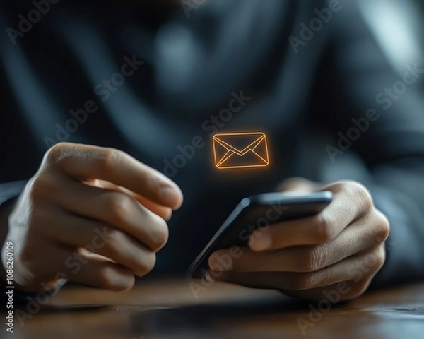 Fototapeta Businessman using a smartphone with a virtual email icon on the screen