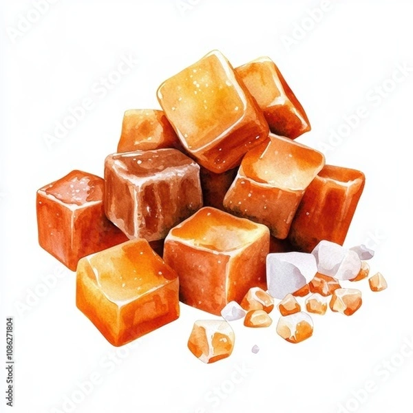 Fototapeta A pile of brown sugar cubes with some white sugar on top