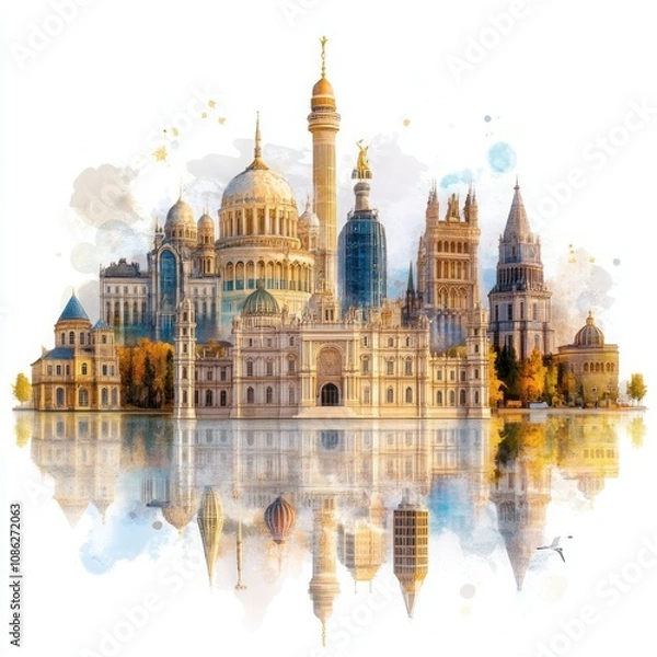 Fototapeta Global Wonders: Collage of Famous Landmarks and Monuments on Isolated Panoramic White Background