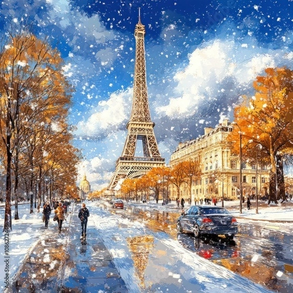 Fototapeta Winter Wonderland in Paris: Eiffel Tower and Snow-Covered Street with Christmas Illustration 