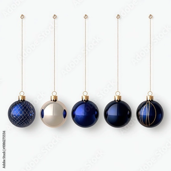 Fototapeta Set of 5 Christmas Balls in Silver, Blue, Golden, and Red Hanging on String, Isolated on Shiny Background
