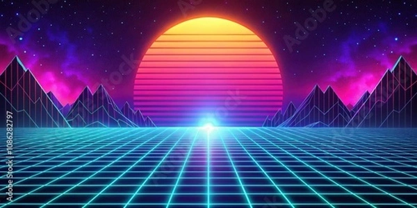 Fototapeta Retro arcade synthwave landscape background with neon lights and pixelated graphics, retro, arcade, synthwave