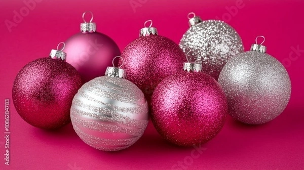 Fototapeta A vibrant close-up of colorful Christmas ornaments glistening against a soft pink background, evoking festive cheer and holiday spirit.