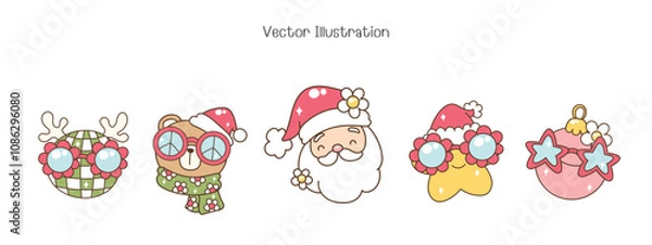 Fototapeta Groovy Chistmas Banner with Santa and Friends. Vector illustration