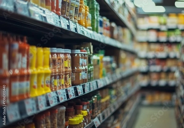 Fototapeta A well-stocked supermarket aisle with rows of jars and bottles on shelves.