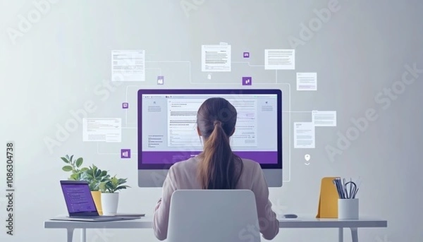 Obraz Laptop user accessing an online document management system, digital documents and icons floating on the screen, modern generative AIdriven workspace