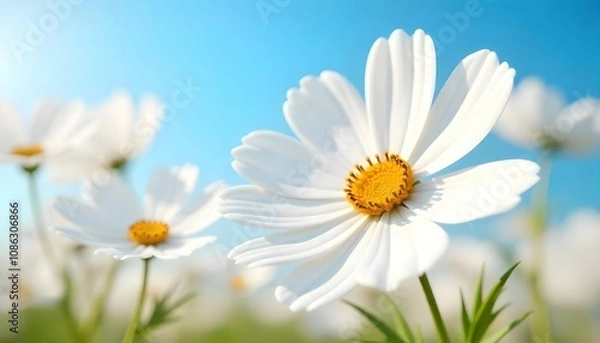 Fototapeta Macro shot of a white cosmos flower with intricate details of its petals and pollen, framed by the infinite blue above."