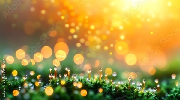 Fototapeta Dew Drops On Moss With Bokeh