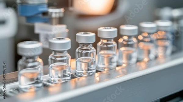 Fototapeta The image shows a series of glass vials lined up on a conveyor, likely part of a pharmaceutical production process.