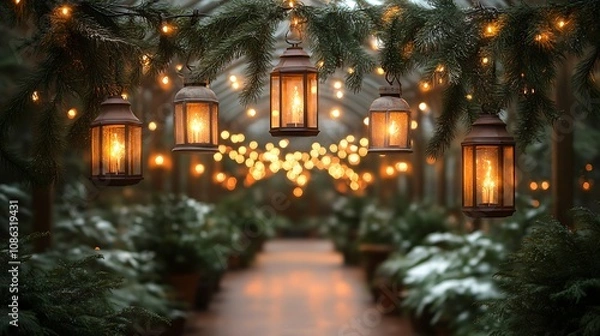 Fototapeta Festive indoor winter garden with hanging lanterns, evergreen branches, and string lights creating a warm, magical atmosphere