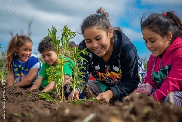Fototapeta A group of Māori children planting native trees in a community conservation project, wearing colorful clothing and smiling: A vibrant scene of environmental stewardship and cultural pride
